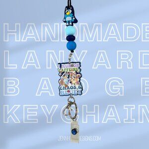 I Run On Caffeine Chaos and Bluey Badge Lanyard | Cute Badge Holder | Keychain